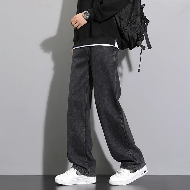 Men Casual Straight Denim Jeans Classic Wide Leg Pants