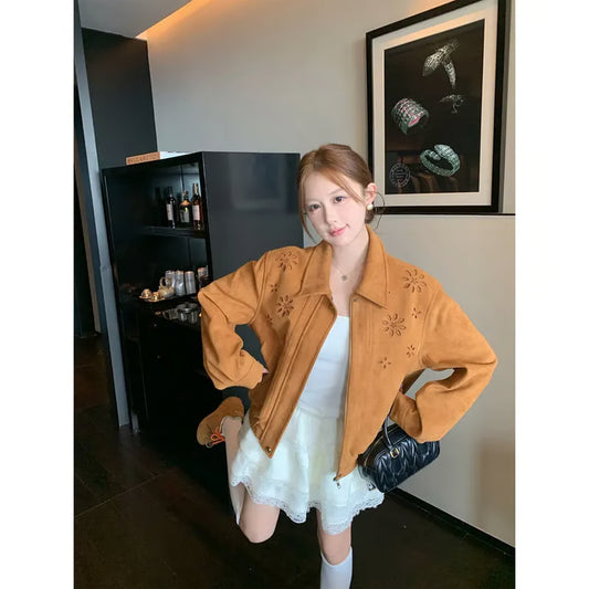 Women Clothes, Spring Autumn Cardigan Coat, Solid Color Zipper, Polo Collar, All Match Hollow Out Design