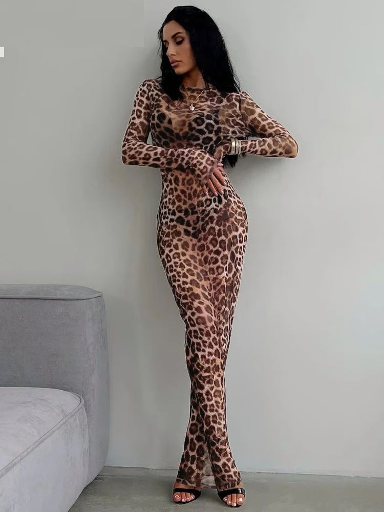 Sexy Elegant Maxi Dress, Printed Leopard Long Sleeve Dresses, Women Clothes Y2K Lady Party Club Streetwear