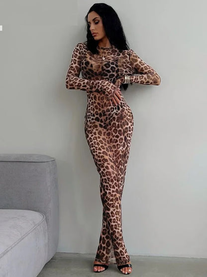 Sexy Elegant Maxi Dress, Printed Leopard Long Sleeve Dresses, Women Clothes Y2K Lady Party Club Streetwear