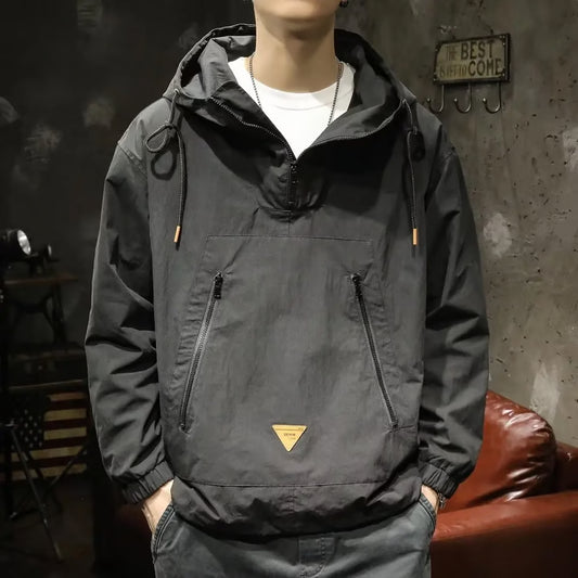 Men's Outdoor Workwear Jacket, Japanese Style Hooded Punching Clothes, Loose Fit Casual Half Zipper, Spring Autumn Coat