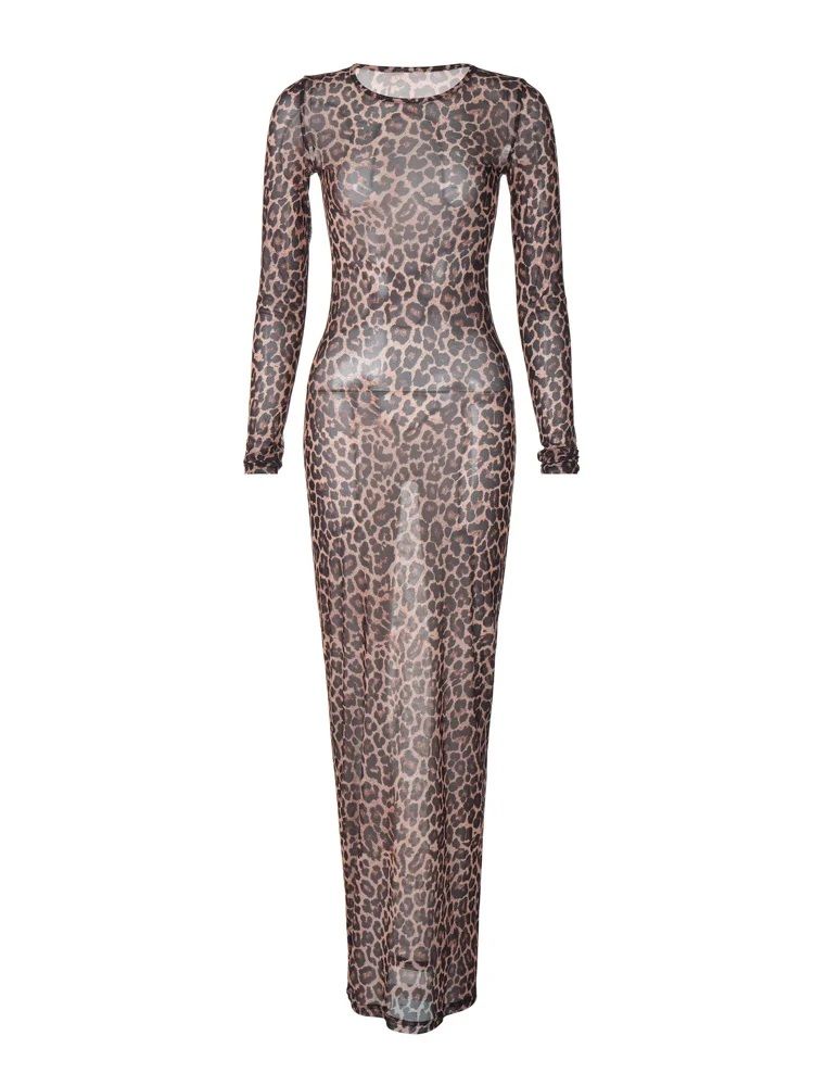 Sexy Elegant Maxi Dress, Printed Leopard Long Sleeve Dresses, Women Clothes Y2K Lady Party Club Streetwear