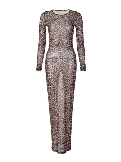 Sexy Elegant Maxi Dress, Printed Leopard Long Sleeve Dresses, Women Clothes Y2K Lady Party Club Streetwear